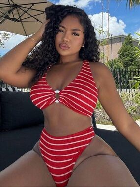 Red Striped Tie-Front High-Waist Bikini Set - Women Swim